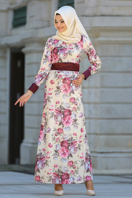 Neva Style - Çiçek Desenli Pembe Kadife Tesettür Elbise 2088P