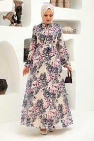 Neva Style - Çiçek Desenli Pembe Tesettür Elbise 279015P - Thumbnail