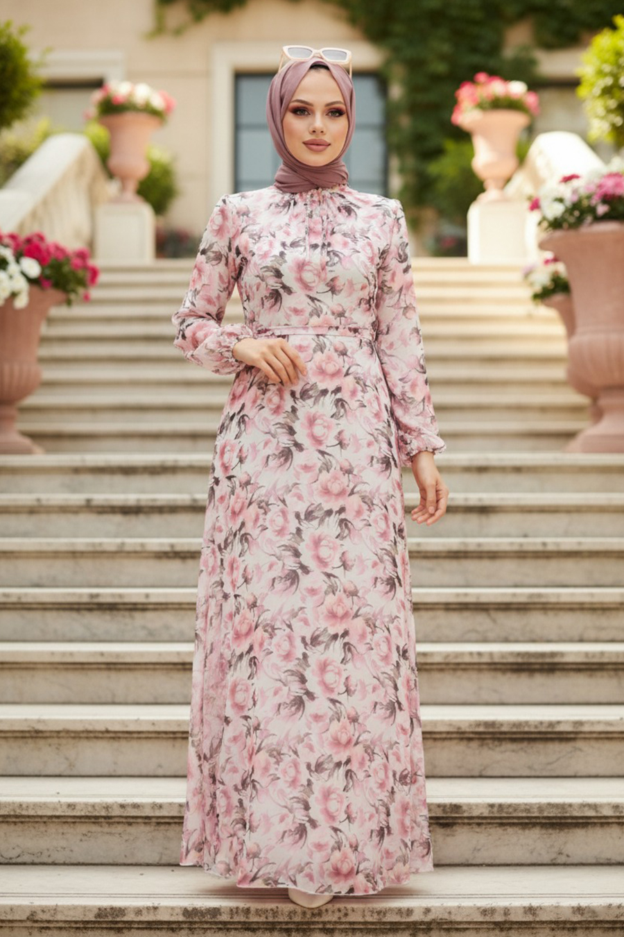  Çiçek Desenli Pembe Tesettür Elbise 279072P