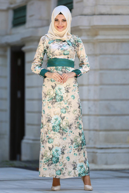 Neva Style - Çiçek Desenli Petrol Yeşili Kadife Tesettür Elbise 2088PY