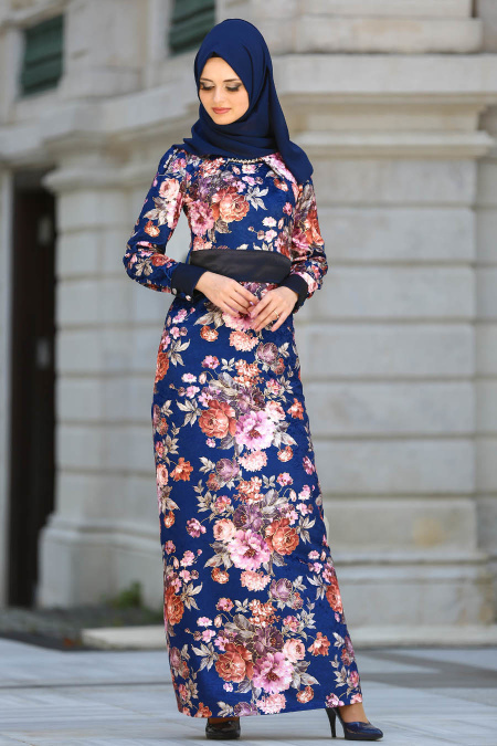 Neva Style - Çiçek Desenli Pudra Kadife Tesettür Elbise 2088PD