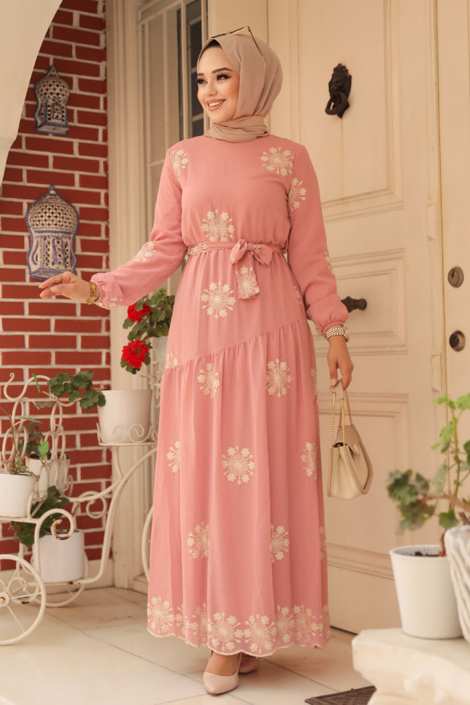 Neva Style - Çiçek Desenli Pudra Tesettür Elbise 1332PD - 1