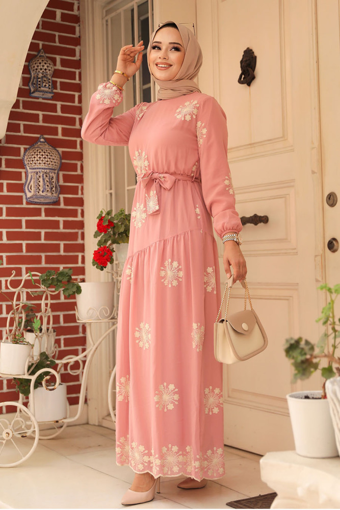 Neva Style - Çiçek Desenli Pudra Tesettür Elbise 1332PD - 2