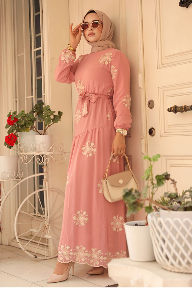 Neva Style - Çiçek Desenli Pudra Tesettür Elbise 1332PD - 3