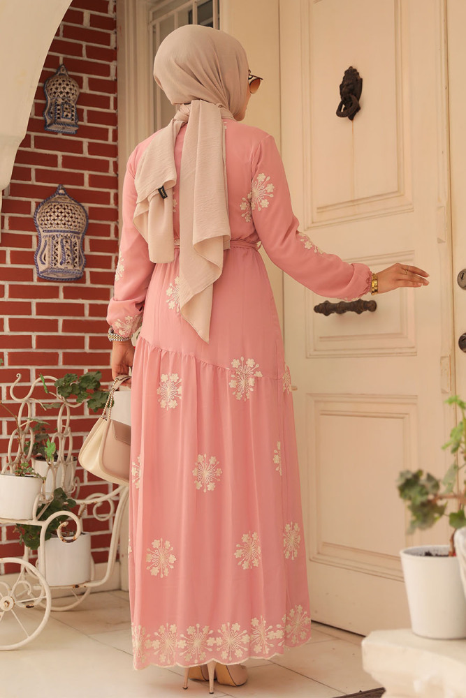 Neva Style - Çiçek Desenli Pudra Tesettür Elbise 1332PD - 4