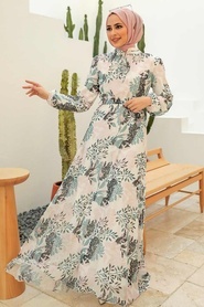 Neva Style - Çiçek Desenli Pudra Tesettür Elbise 279024PD - Thumbnail