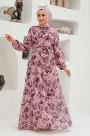 Neva Style - Çiçek Desenli Pudra Tesettür Elbise 279055PD - Thumbnail