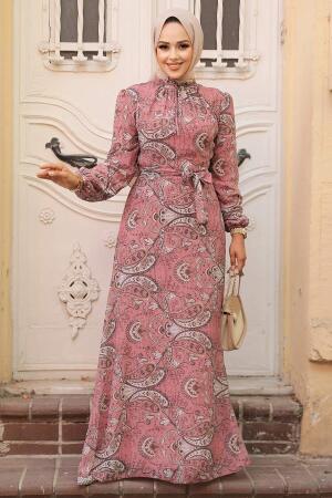 Neva Style - Çiçek Desenli Pudra Tesettür Elbise 279081PD - 2