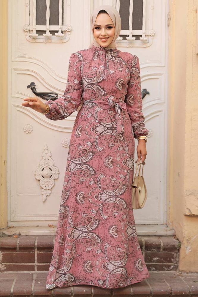 Neva Style - Çiçek Desenli Pudra Tesettür Elbise 279081PD - 2