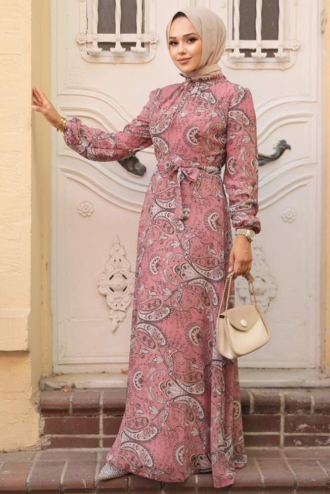 Neva Style - Çiçek Desenli Pudra Tesettür Elbise 279081PD - 1