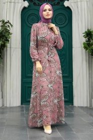 Neva Style - Çiçek Desenli Pudra Tesettür Elbise 279081PD - Thumbnail