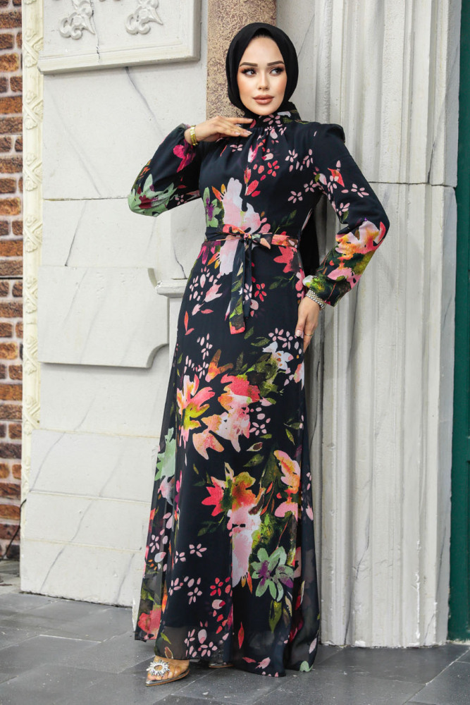 Neva Style - Çiçek Desenli Pudra Tesettür Elbise 27942PD - 2