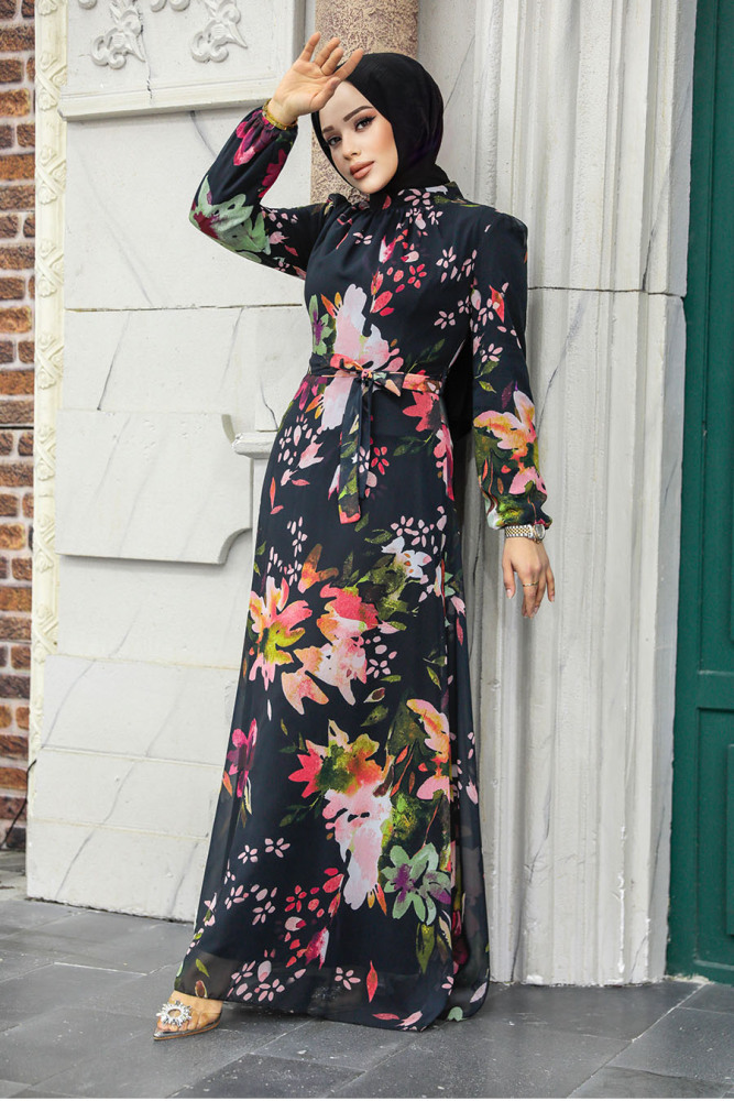Neva Style - Çiçek Desenli Pudra Tesettür Elbise 27942PD - 3