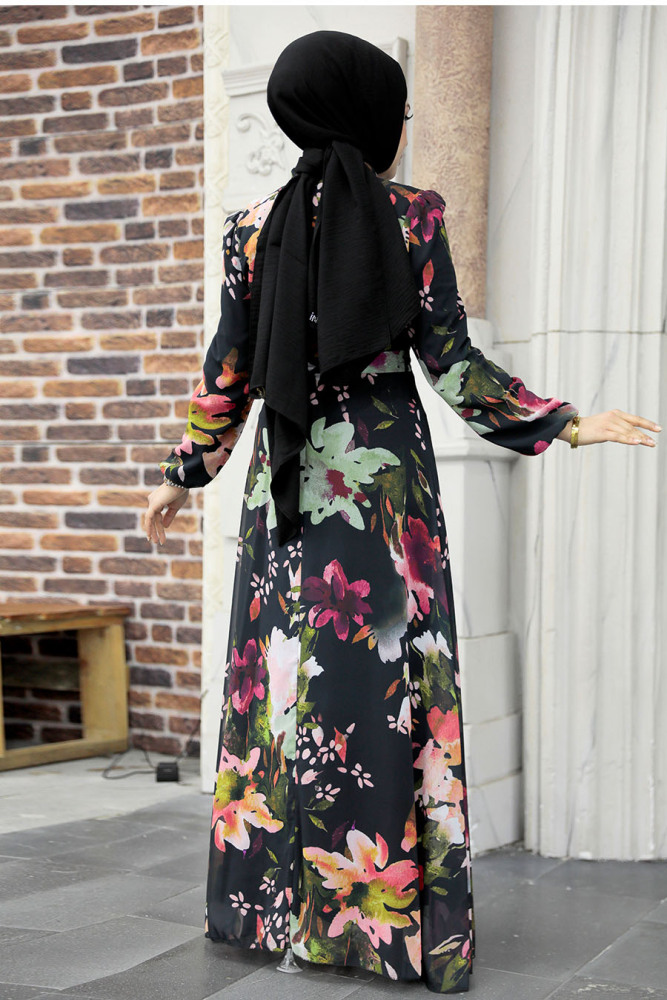 Neva Style - Çiçek Desenli Pudra Tesettür Elbise 27942PD - 4