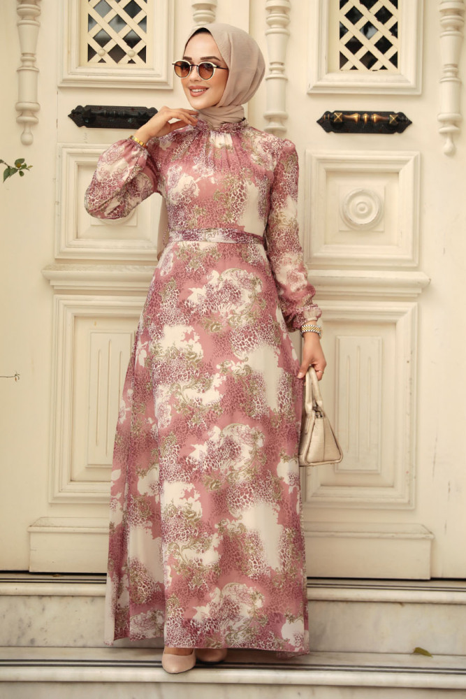 Neva Style - Çiçek Desenli Pudra Tesettür Elbise 27944PD - 2