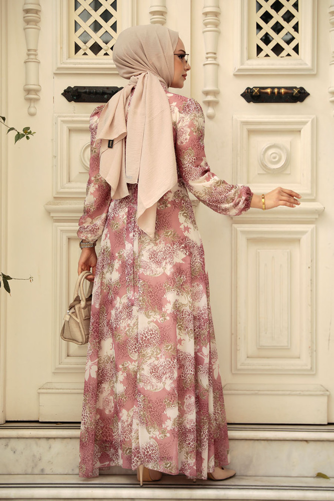 Neva Style - Çiçek Desenli Pudra Tesettür Elbise 27944PD - 3