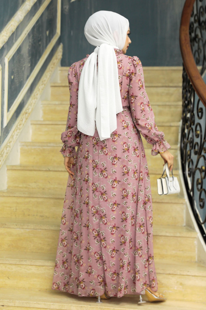 Neva Style - Çiçek Desenli Pudra Tesettür Elbise 29713PD - 3