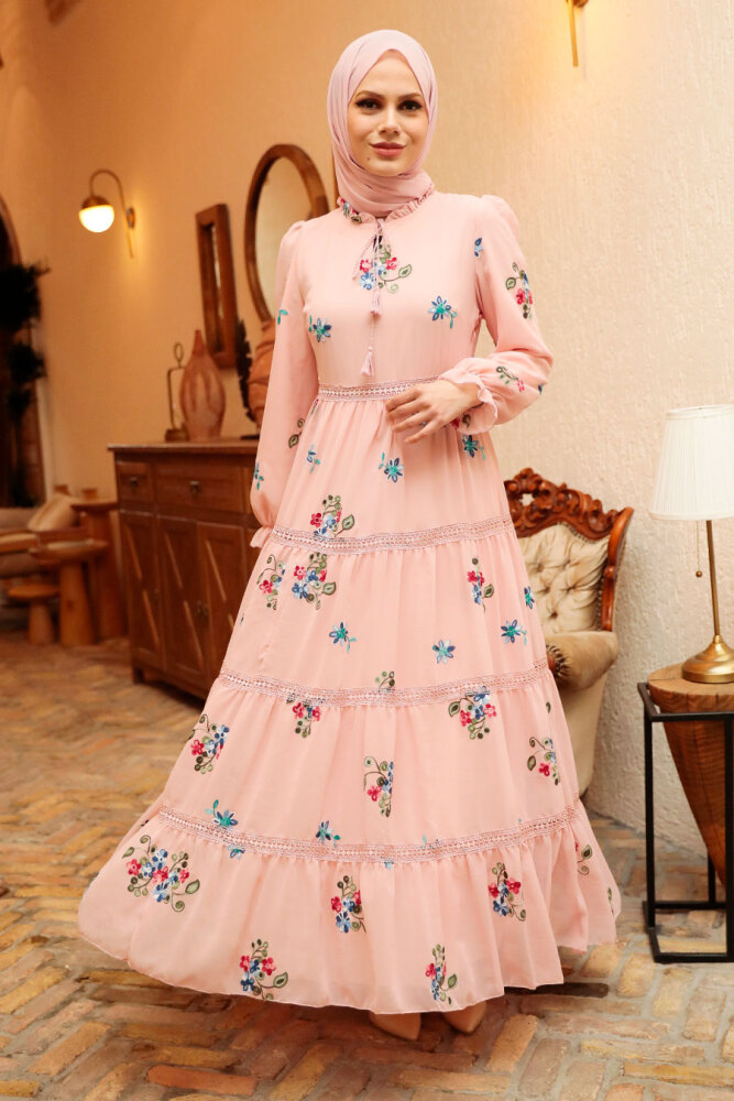 Neva Style - Çiçek Desenli Pudra Tesettür Elbise 32811PD - 1