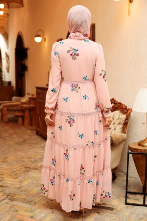Neva Style - Çiçek Desenli Pudra Tesettür Elbise 32811PD - 3