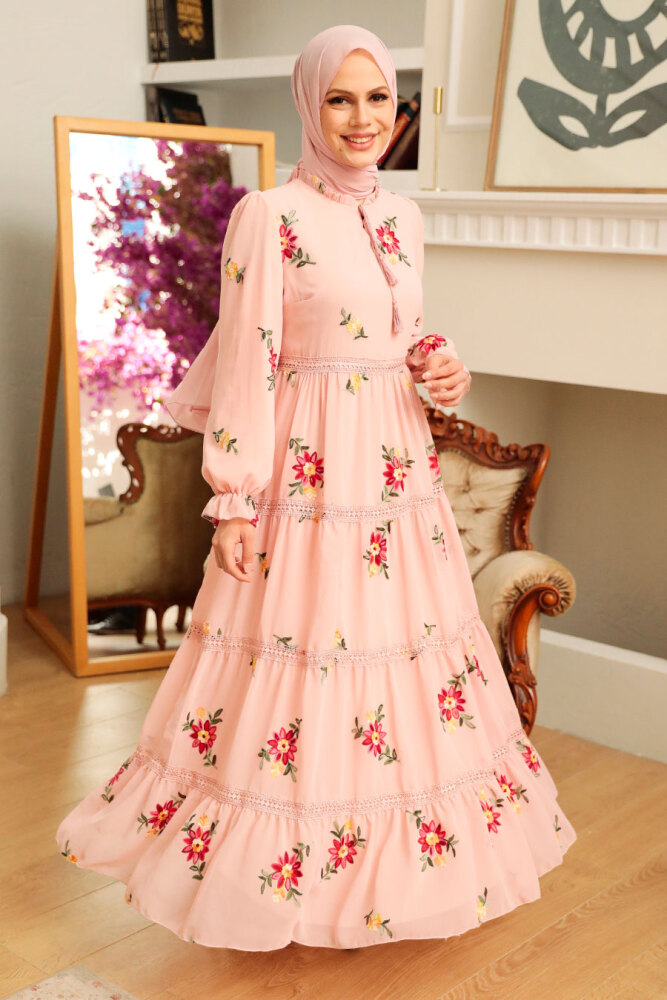 Neva Style - Çiçek Desenli Pudra Tesettür Elbise 32812PD - 1