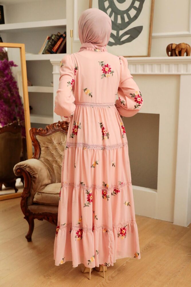 Neva Style - Çiçek Desenli Pudra Tesettür Elbise 32812PD - 2