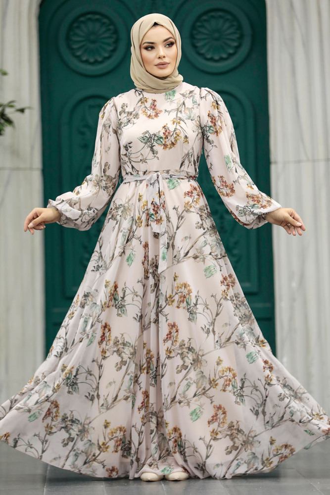 Neva Style - Çiçek Desenli Pudra Tesettür Elbise 33085PD - 3