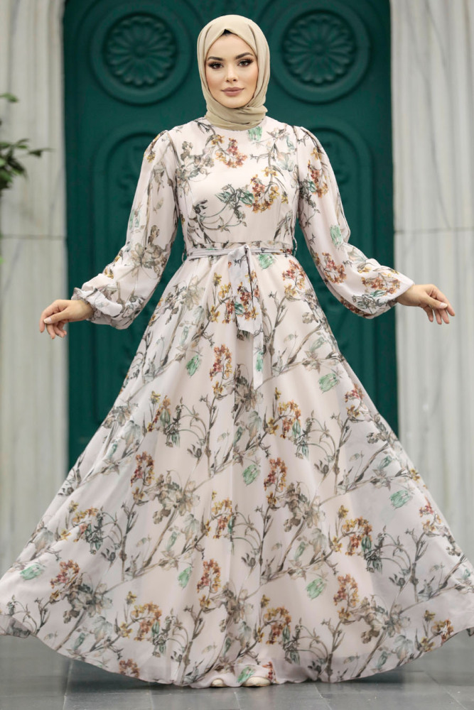 Neva Style - Çiçek Desenli Pudra Tesettür Elbise 33085PD - 2