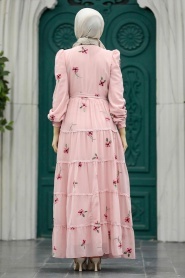 Neva Style - Çiçek Desenli Pudra Tesettür Elbise 35720PD - Thumbnail