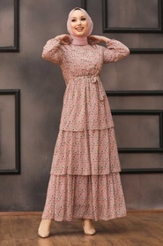 Neva Style - Çiçek Desenli Pudra Tesettür Elbise 53473PD - Thumbnail