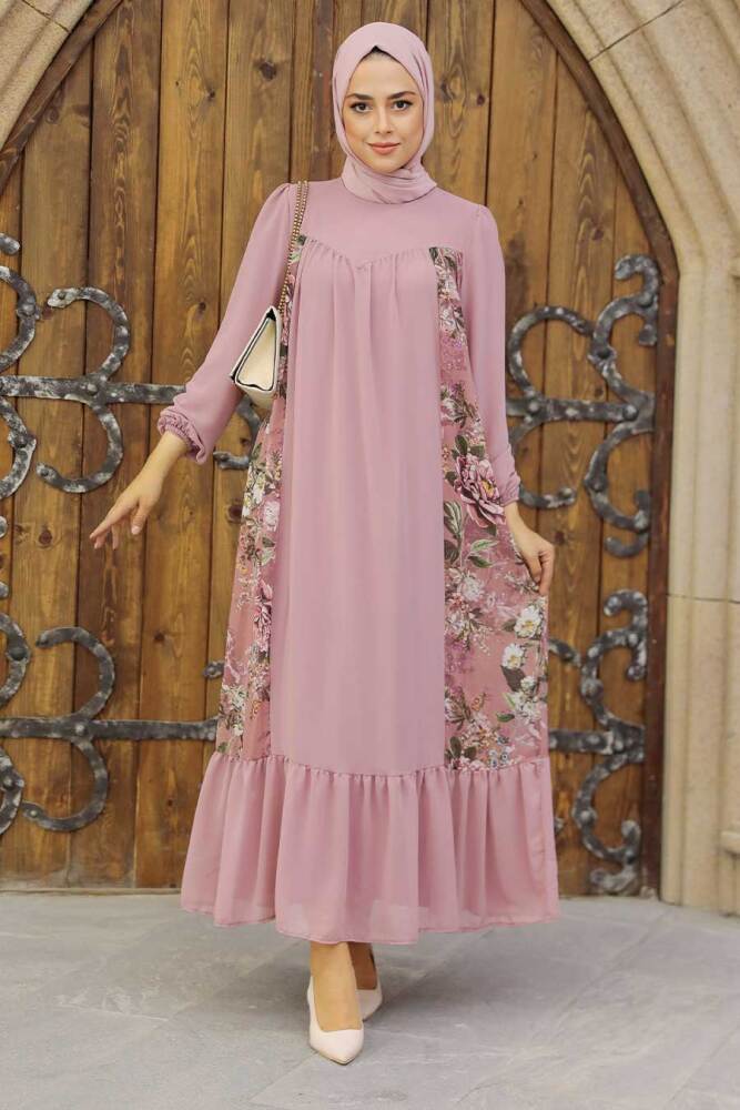  Çiçek Desenli Pudra Tesettür Elbise 60712PD - 1