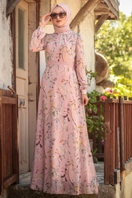 Neva Style - Çiçek Desenli Pudra Tesettür Elbise 815218PD - Thumbnail