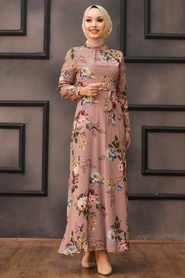 Neva Style - Çiçek Desenli Pudra Tesettür Elbise 81545PD - Thumbnail