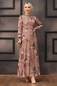 Neva Style - Çiçek Desenli Pudra Tesettür Elbise 81545PD - Thumbnail