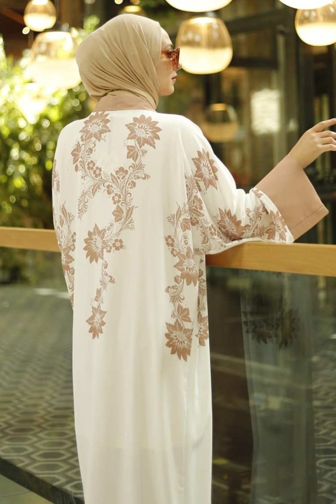 Neva Style - Çiçek Desenli Pudra Tesettür Kimono 3541PD - 2