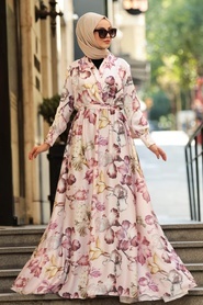 Neva Style - Çiçek Desenli Pudra Tesettür Kobe Saten Elbise 53491PD - Thumbnail