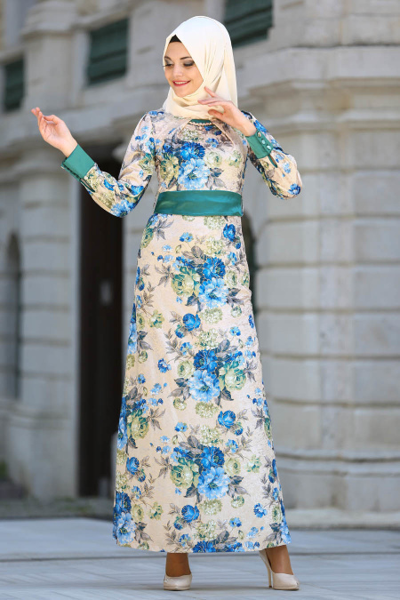 Neva Style - Çiçek Desenli Sax Mavisi Kadife Tesettür Elbise 2088SX