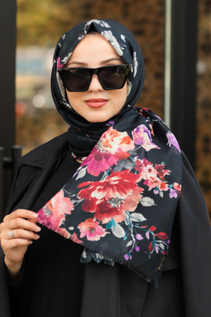 Neva Style - Çiçek Desenli Siyah Şal 7540S - 1