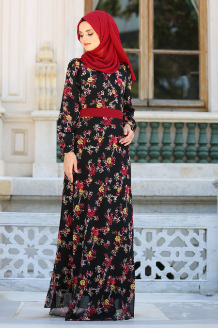 Neva Style - Çiçek Desenli Siyah Şifon Tesettür Elbise 76932S