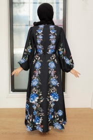 Neva Style - Çiçek Desenli Siyah Tesettür Atlas Elbise 22131S - Thumbnail