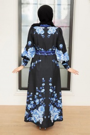 Neva Style - Çiçek Desenli Siyah Tesettür Atlas Elbise 22133S - Thumbnail