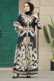Neva Style - Çiçek Desenli Siyah Tesettür Atlas Elbise 22342S - Thumbnail