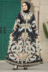 Neva Style - Çiçek Desenli Siyah Tesettür Atlas Elbise 22342S - Thumbnail