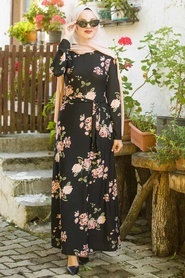Neva Style - Çiçek Desenli Siyah Tesettür Elbise 10174S - Thumbnail