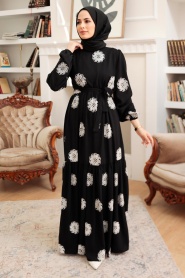 Neva Style - Çiçek Desenli Siyah Tesettür Elbise 10281S - Thumbnail