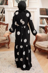 Neva Style - Çiçek Desenli Siyah Tesettür Elbise 10281S - Thumbnail