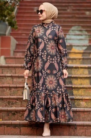 Neva Style - Çiçek Desenli Siyah Tesettür Elbise 11851S - Thumbnail