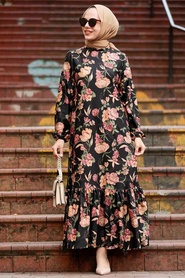 Neva Style - Çiçek Desenli Siyah Tesettür Elbise 11852S - Thumbnail
