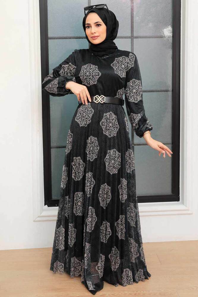 Neva Style - Çiçek Desenli Siyah Tesettür Elbise 11870S - 1