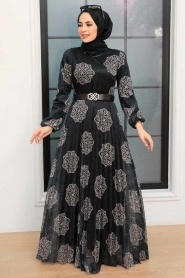 Neva Style - Çiçek Desenli Siyah Tesettür Elbise 11870S - Thumbnail
