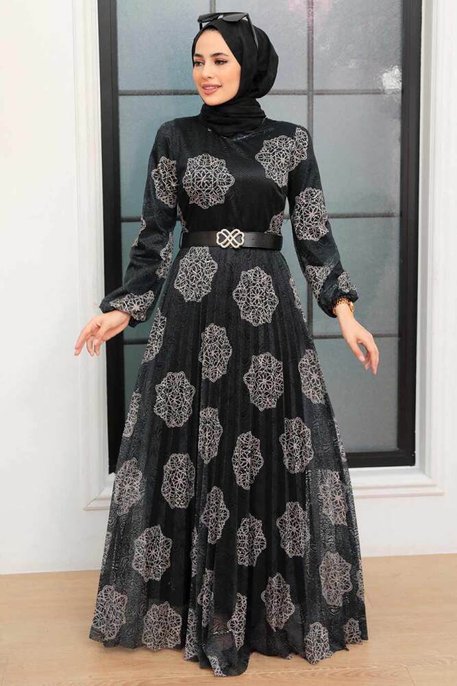 Neva Style - Çiçek Desenli Siyah Tesettür Elbise 11870S - 2